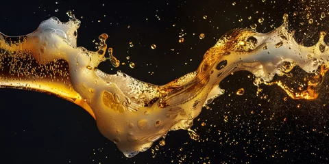 Fotobehang A vivid golden liquid is captured in mid-splash, creating an elegant and dynamic arc against a stark, black backdrop © TKL