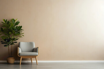 Uncluttered living room with a solitary chair, plant, and an awaiting frame for your text.
