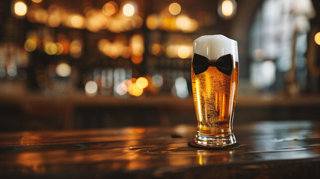 Glass of beer with a bow tie on a wooden table in a pub