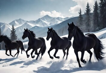 black horse running on snow 