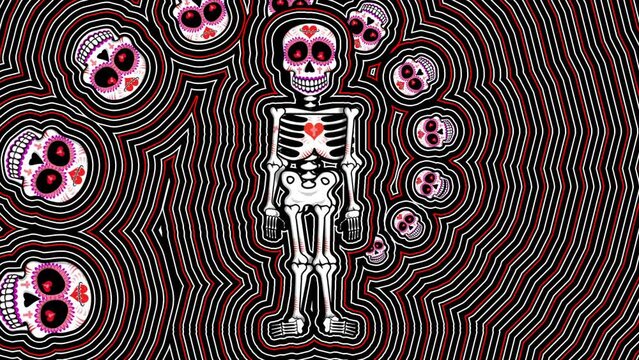 Seamless psychedelic background with Mexican sugar skulls and skeleton with wave effect. Halloween vector style animation with catrina illustration 