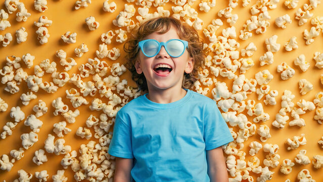 A happy boy wearing blue glasses and lying on popcorn