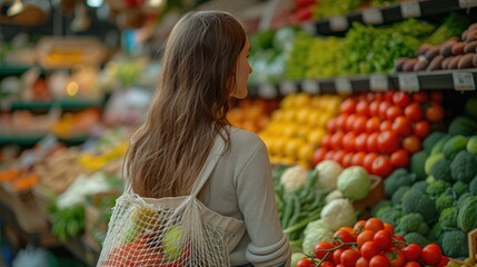 Eco-friendly Market Day, woman shops at a local market, a mesh bag filled with colorful fruits and vegetables on her shoulder, choosing fresh produce for a sustainable lifestyle