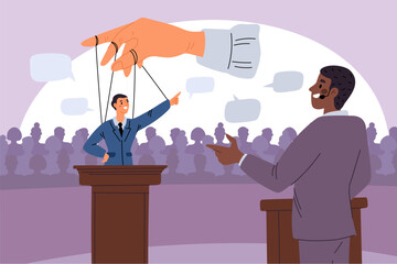 Election debate. Political puppet calling for vote. Conducting poll campaign. Politics party representatives. Politicians discuss. Public speakers at tribunes. Garish vector concept