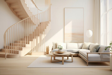 Soft hues and clean lines define the allure of a Scandinavian staircase, bathed in the gentle glow of natural light streaming through nearby windows.