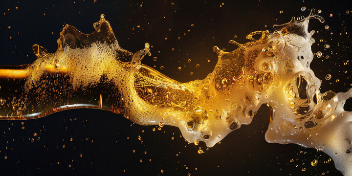 A vivid golden liquid is captured in mid-splash, creating an elegant and dynamic arc against a stark, black backdrop