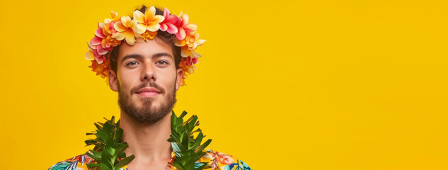 Portrait of a stylish man with hawaiian costume. Summer fashionable trend. Cheerful and happy young male having fun with copyspace on yellow background