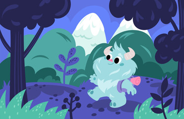 Cartoon yeti walks. Cute snowman in nature goes hiking with backpack. Fantastic shaggy creature. White bigfoot in wild forest. Hairy monster. Sasquatch traveling. Garish vector concept