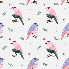 Seamless pattern with cute blue, pink and green birds. The bird stands on blue background with twigs and stars. Spring pattern for printing and decorating