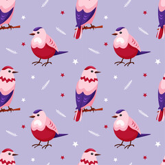 Seamless pattern with cute pink birds. The bird stands on blue background with twigs and stars. Spring pattern for printing and decorating