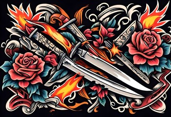 Obraz premium Illustration of Vintage, Flash art, Tattoo, flowers, knife, knives, dagger, sword, Retro, Old-school, Ink.
