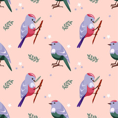 Seamless pattern with cute blue birds. Bird on twig and bird standing on pink background with flowers and stars. Spring pattern for printing and decorating