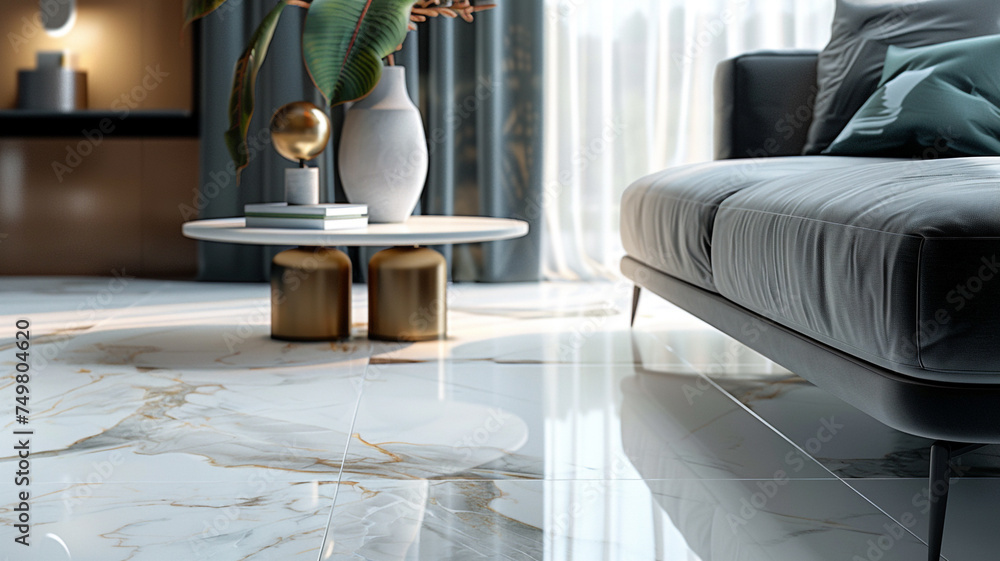 Poster a close-up shot of a contemporary floor design with porcelain tiles in a marble-effect finish, featu