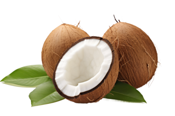 Whole Coconut and Half With Green Leaf. A whole coconut and a half of it are displayed together with a green leaf next to them. The coconut appears to be fresh with its natural brown shell intact.