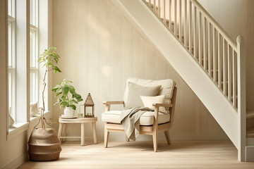A breath of fresh air infuses a Scandinavian staircase, bathed in the gentle glow of natural light, inviting moments of quiet reflection.