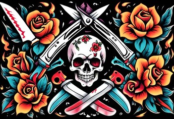 Illustration of Vintage, Flash art, Tattoo, flowers, knife, knives, dagger, sword, skull, skeleton, bones, death, Retro, Old-school, Ink.