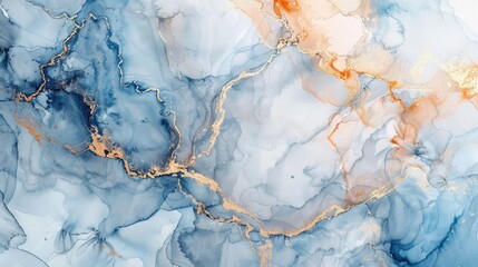 Fototapeta premium Watercolor fluid marble wavy painting design card. Golden splash on empty background for Spring wedding invitation, presentation cover. Watercolour blue and white banner