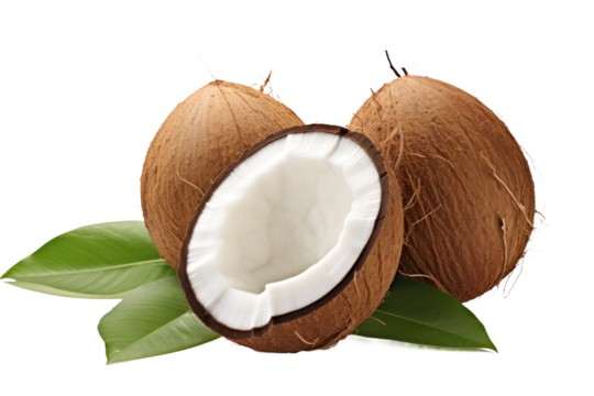 Whole Coconut and Half With Green Leaf. A whole coconut and a half of it are displayed together with a green leaf next to them. The coconut appears to be fresh with its natural brown shell intact.