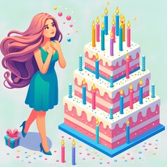 girl with birthday cake isometric illustration