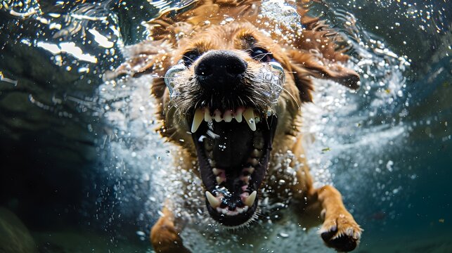 Underwater Dog Swimming with Open Mouth