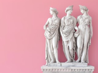 Fototapeta na wymiar Full length Statues of ancient Greek Goddesses standing on pedestal on pink background with copy space. Antique Sculptures of Women on banner with empty place for text. Contemporary collage y2k art