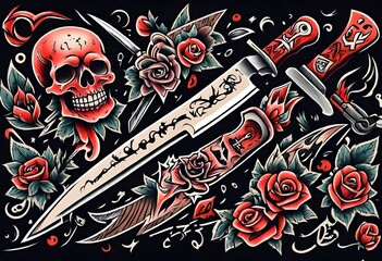 Obraz premium Illustration of Vintage, Flash art, Tattoo, flowers, knife, knives, dagger, sword, skull, skeleton, bones, death, Retro, Old-school, Ink.