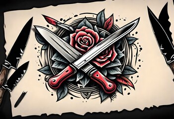 Illustration of Vintage, Flash art, Tattoo, flowers, knife, knives, dagger, sword, Retro, Old-school, Ink.