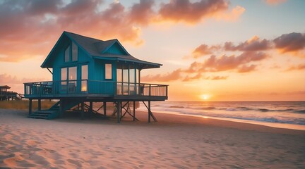 Baywatch house on the beach at sunset from Generative AI