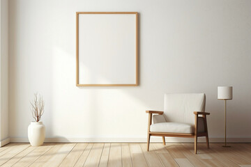 Fototapeta na wymiar Minimalistic beige interior featuring a lone chair, wooden accents, and a framed space for personalized text.