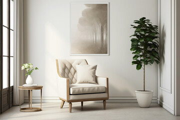 Beige and Scandinavian fusion showcased in a living area with a single chair, greenery, and an awaiting frame for text.