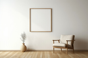 Minimalistic beige interior featuring a lone chair, wooden accents, and a framed space for personalized text.