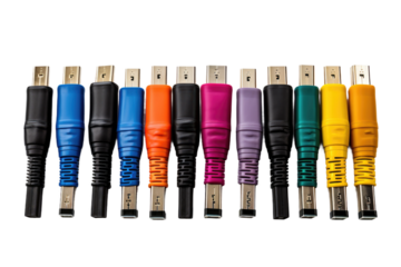 Interconnected Multicolored Cables. A variety of different colored cables are seen connected to each other in a complex network. The cables are intertwined and overlapping creating a colorful pattern.