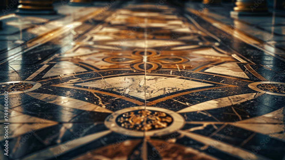 Poster a close-up shot of a luxury floor design with marble mosaic tiles arranged in an intricate medallion