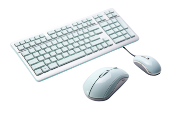 Computer Keyboard and Mouse. A computer keyboard and mouse are placed neatly on a plain white background. The keyboard has keys arranged in the standard QWERTY layout, while the mouse sits beside it.