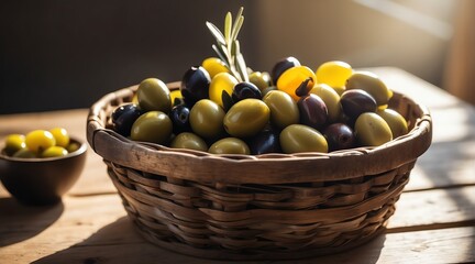 Olives on a wooden basket on a table with morning sunlight rays from Generative AI