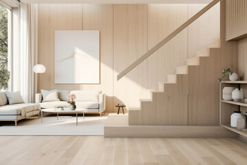 Neutral-toned stairs in a Scandinavian setting, where beige hues and minimalist design converge to...