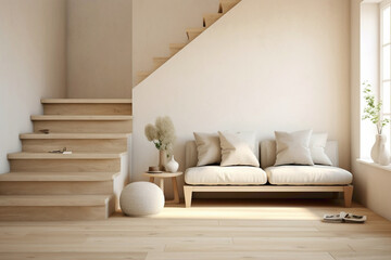 Fototapeta na wymiar Nordic simplicity takes center stage in a pristine beige staircase, where clean lines and natural textures create an atmosphere of timeless charm.