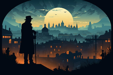 flat silhouette illustration of a detective against the background of the old town at night