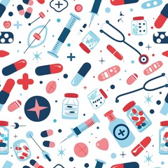 Seamless repeating pattern of medical supplies on a white background