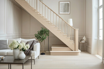 Scandinavian charm embodied in a beige staircase, featuring a perfect fusion of simplicity, functionality, and modern elegance.