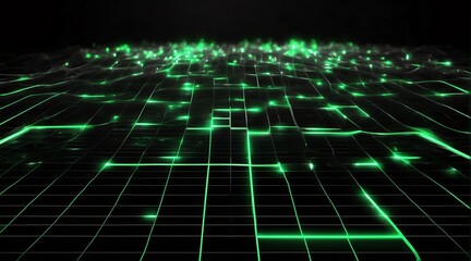 Obraz premium Square grid mesh glowing neon light green lines and connections on black background, technology network concept from Generative AI