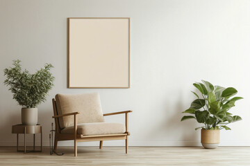 Find solace in a serene beige living room with a single wooden chair, a verdant plant, and an empty frame for your personalized message.