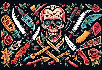 Illustration of Vintage, Flash art, Tattoo, flowers, knife, knives, dagger, sword, skull, skeleton, bones, death, Retro, Old-school, Ink.