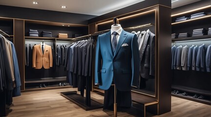 Luxury men clothing formal suit on hanger at high end fashion store boutique from Generative AI