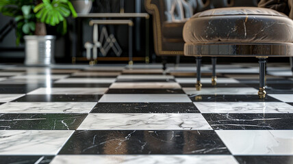 A close-up shot of a luxury floor design with marble tiles in a classic checkerboard pattern, featuring contrasting hues of black and white for a timeless and sophisticated look.