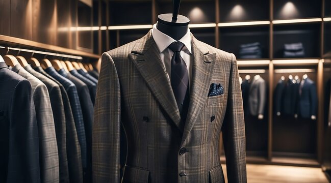 Luxury men clothing checkered suit on hanger at high end fashion store boutique from Generative AI
