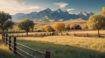 Fototapeta premium Picturesque landscape of a fenced ranch from Generative AI