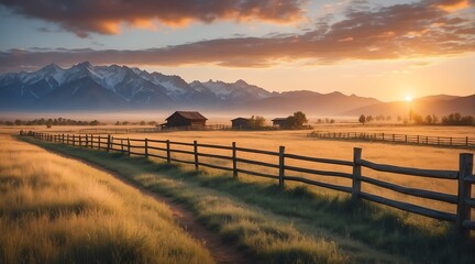 Picturesque landscape of a fenced ranch at sunrise from Generative AI