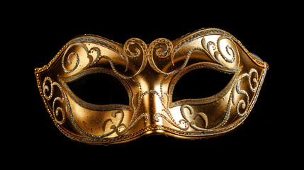 Golden Venetian carnival masks on a black background