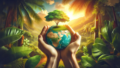 Hands gently protecting a globe made of a green tree, set against a vibrant tropical nature background, embodying the summer season - obrazy, fototapety, plakaty